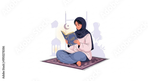 Young Muslim woman in hijab peacefully engaging in spiritual devotion, reading a sacred text on a prayer mat with Islamic cultural symbols