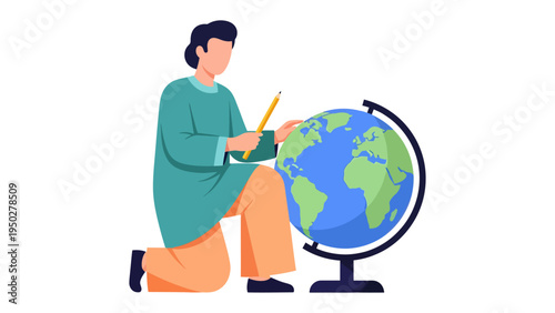 Global Exploration: A figure, engaged with a globe, a symbol of curiosity, discovery and geographical understanding, accompanied by a pen. 