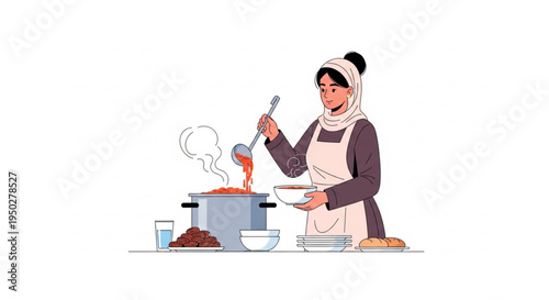 Caring woman in a headscarf gracefully preparing a warm homemade meal, ladling hot, delicious soup from a steaming pot into a bowl, symbolizing comfort and culinary tradition