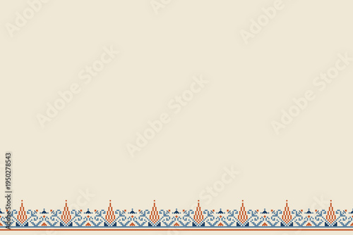 Seamless pixel folk border with ornamental horizontal band in blue and orange on beige background. Minimal stripe layout with wide empty space, suitable for fabric trim and decorative edges.