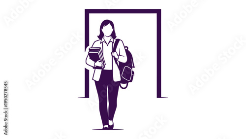 Walking Towards Knowledge: An illustration of a determined student walks through an open doorway carrying books and a backpack, symbolizing education and a bright future.