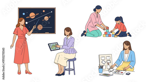 Education and Inspiration: A collection of educational images illustrating a teacher's guidance and a child's exploration, a scene dedicated to learning and knowledge.
