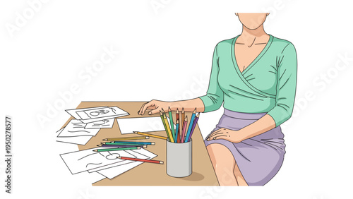 Creative Workspace: An artist, seated at a desk strewn with sketches and colorful pencils, finds inspiration in the midst of creative tools. This inviting scene underscores the joy of creation.