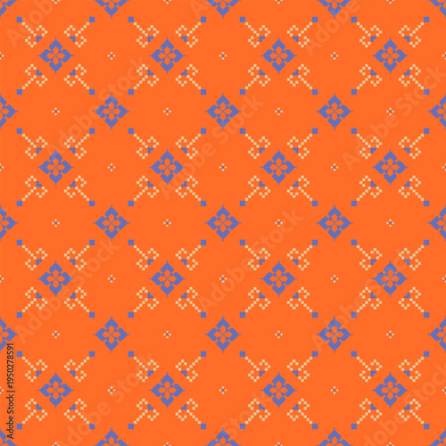 Seamless pixel folk pattern with diamond and ornamental motifs in blue and beige on a vivid orange background. Symmetric grid layout suitable for fabric, wallpaper, and surface design.
