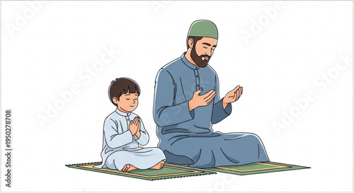 A heartwarming scene of a Muslim father and his son praying together, fostering faith and tradition