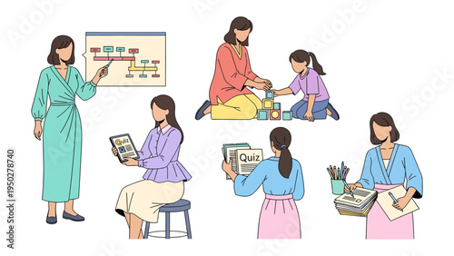 Empowering Education: A collection of illustrations showcasing a woman in various roles as an educator. She's seen lecturing, assisting with blocks, using a tablet, holding a quiz, and making notes.