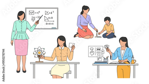 Education and Guidance: Depicting a compilation of diverse women, each dedicated to the realm of education. From imparting mathematical principles to fostering creative projects.