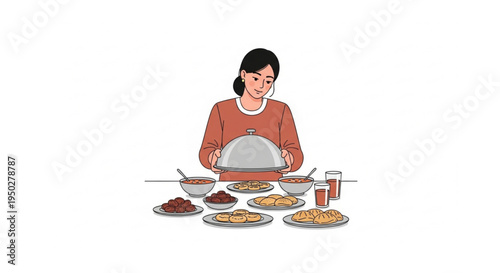 A woman happily serving a meal from a covered dish with multiple plates of food and drinks on a table