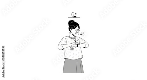 A Woman Checks Her Smartwatch Displaying Time and Moon Phase Information