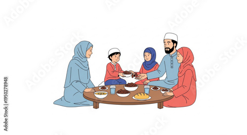 Vibrant illustration of a Muslim family enjoying a traditional meal together, fostering togetherness and cultural connection around a dining table