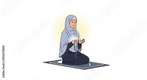 A Muslim woman in hijab praying on a prayer rug, holding rosary beads in her hands, with a divine glow emanating from them