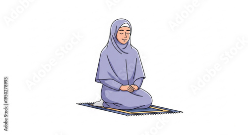 A Muslim woman in a hijab praying on a prayer mat, symbolizing devotion and faith, a peaceful moment of spiritual reflection