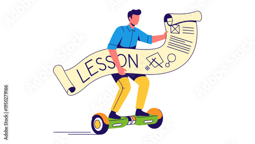 Hoverboard Lesson: A dynamic illustration captures the essence of modern learning as a figure gracefully maneuvers on a hoverboard, engrossed in a lesson scroll.