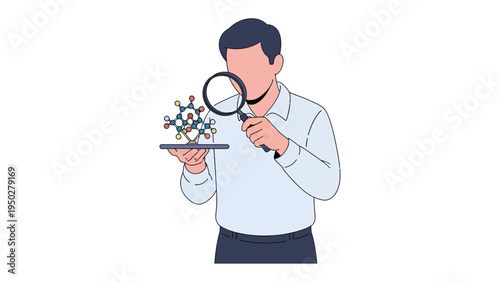Scientist's Scrutiny: A dedicated scientist meticulously examines a molecular structure, his gaze intensified through a magnifying glass, revealing the intricate details of scientific discovery.