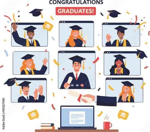 A group of graduates celebrating their achievement on computer screens