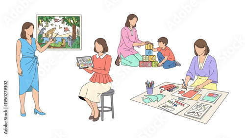 Teaching and Creativity in Action: A compilation of scenes showcasing a teacher interacting with students through art, reading, and playtime activities.