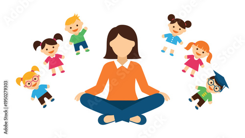Children's Circle: A teacher sits cross-legged surrounded by children, promoting unity and growth. This imagery creates a sense of belonging and nurturing.