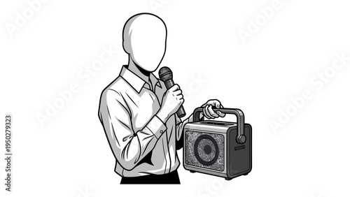 Unidentified Presenter with Equipment: A faceless figure, standing confidently, holds a microphone and a compact speaker, ready to address an audience or amplify a message.