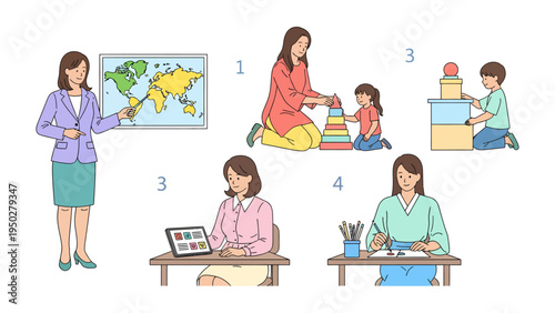World of Learning: A mother guiding a child with various learning activities, each frame offering a glimpse into the growth of knowledge, development and connection.