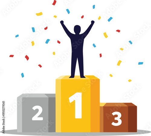 A person celebrating victory on a podium with confetti in the air