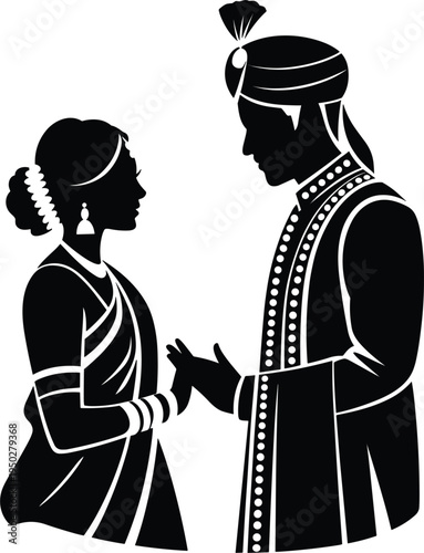Traditional Indian wedding couple silhouette vector, bride and groom in ethnic dress for marriage invitation design