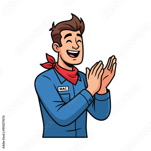 Friendly cartoon man with brown hair clapping his hands happily