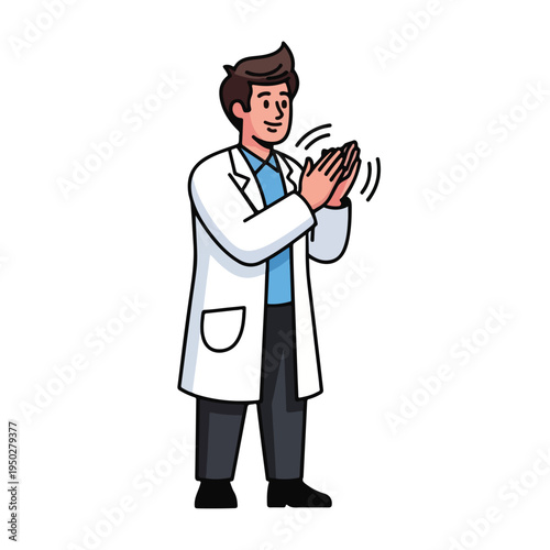 Man in white lab coat holding hands up to face