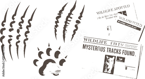 Brown claw marks and paw print next to newspapers with wildlife spotted headlines and mysterious tracks found