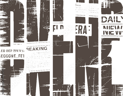 Large distressed brown letters spelling out P U B L I S H E R" over fragmented newspaper text and white