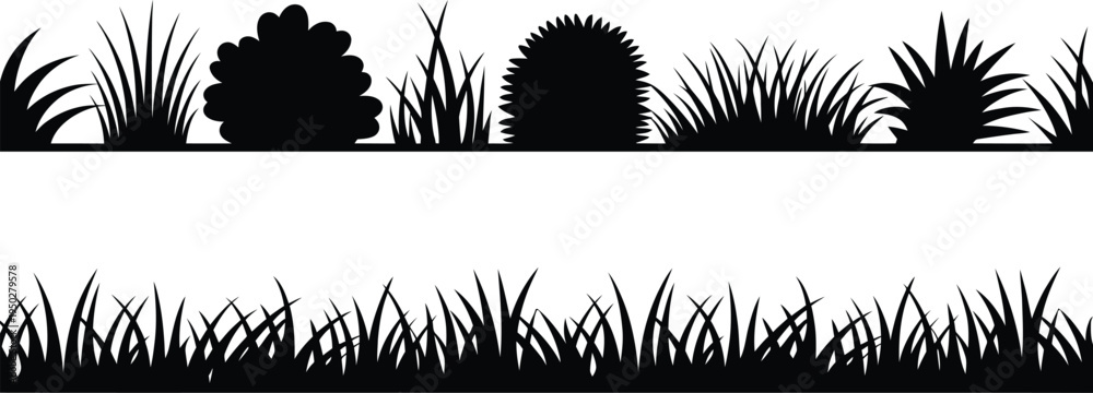 Obraz premium Silhouette grass collection border set ground element decoration black meadow plant isolated on white background. 