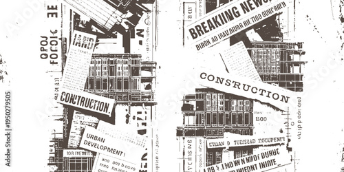 Collage of newspaper clippings and architectural blueprints featuring construction and urban development themes in a monochromatic sepia tone