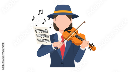 Melody Maestro: A graceful musician, adorned in a distinguished hat, passionately plays the violin while reading musical notes, surrounded by musical notations