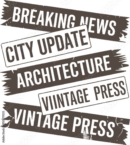 Vintage distressed text banners with news and architectural themes breaking city update architecture