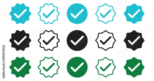  Round Cheak mark icon set isolated on white background. Vector illustration. Blue cheak mark.