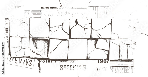 Cracked tile mosaic with vintage newspaper clippings and license plate