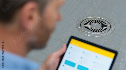 Techniker behebt verstopften Duschabfluss in deutscher Wohnung mit Checkliste auf einem Tablet zur Reparaturüberprüfung