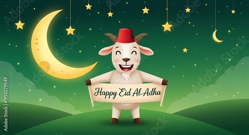 Cheerful cartoon goat wearing a traditional hat holds a congratulatory banner under a starry night sky with a crescent moon