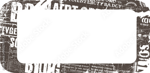 Distressed grunge frame with vintage newspaper text and abstract shapes border