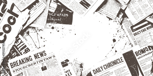 Scattered vintage newspaper fragments with bold headlines and text in brown and white retro grunge texture