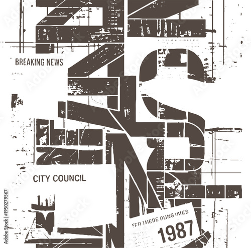 Grunge distressed newspaper headline fragments with city council and breaking news text and year 1987
