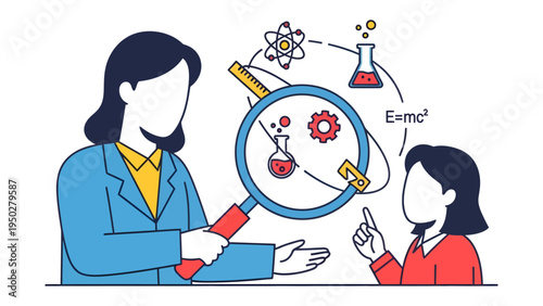 Scientific Inquiry: A mentor guides a young student through the wonders of science.  A magnifying glass, beakers, and other scientific elements surround them, symbolizing exploration and discovery. 