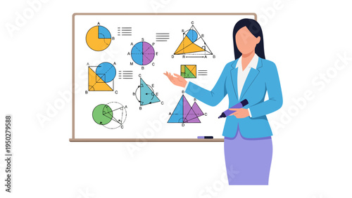Teacher's lecture: An educator, standing before a whiteboard filled with geometrical shapes, explains concepts with a focused demeanor and holding a pen. 