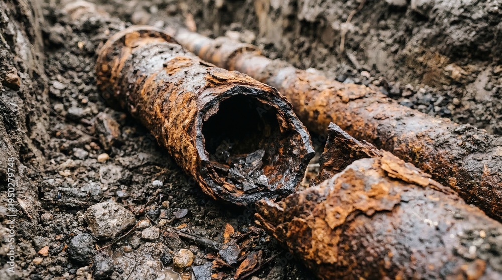 Fototapeta premium Corroded pipe closeup in soil urban decay with infrastructure damage.