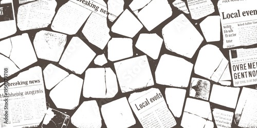 Scattered newspaper pages with headlines and text fragments in brown and white print article