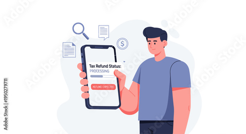 Man checks tax refund on phone on a busy day