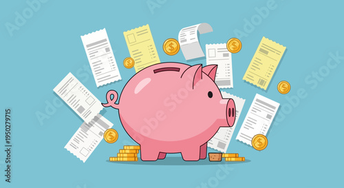 Piggy bank on tax day with coins and bills around it indoors.