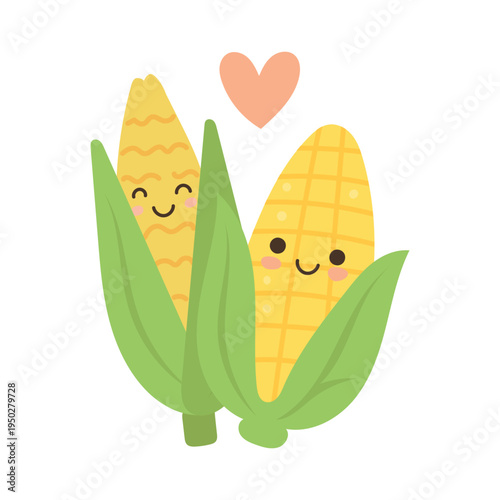Corn vegetable sticker and kawaii cute character with cob sweet cartoon. Mascot icon logo and corn vector emoji with fall food vegetable. Pile corn illustration and face kawaii grain with kids