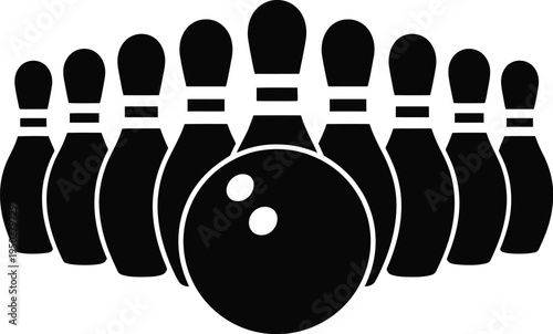 Bowling ball and ten pin set black silhouette vector illustration isolated on a white background.
