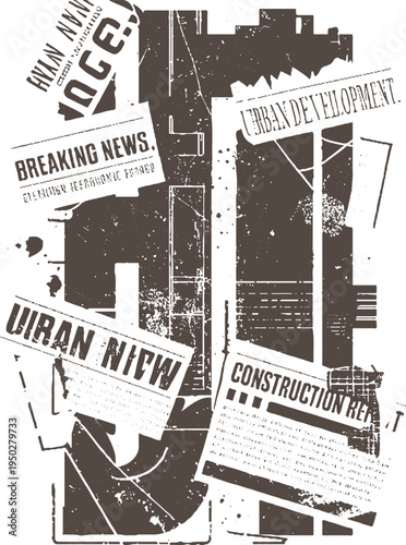 Collage of distressed newspaper clippings and urban development imagery in brown and white