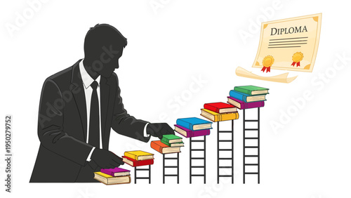Climbing to Success: An image depicting a person's journey to graduation, symbolized by ascending a ladder of knowledge formed by books and achieving a diploma.